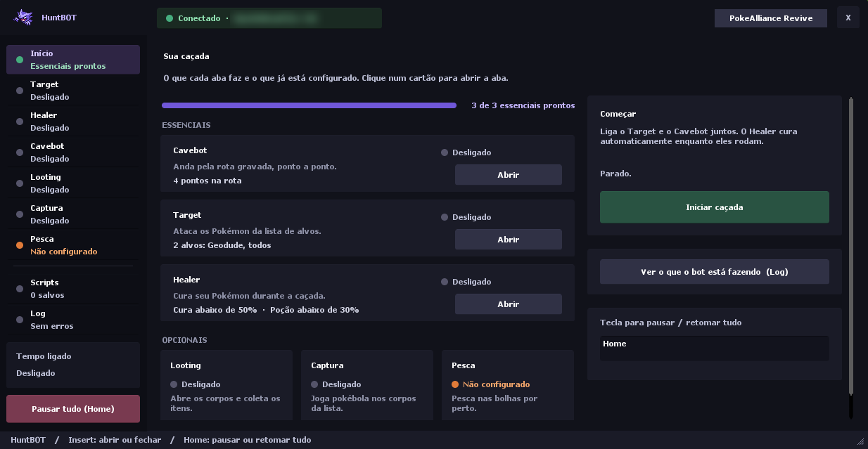 Menu do HuntBOT aberto no PokeAlliance, na aba Início, sobre o mapa do jogo